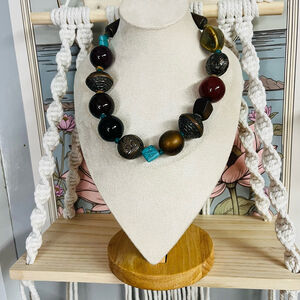 Chunky Gemstone Beaded Necklace Dark Multicolor Ethnic Eclectic‎ Boho Earthy